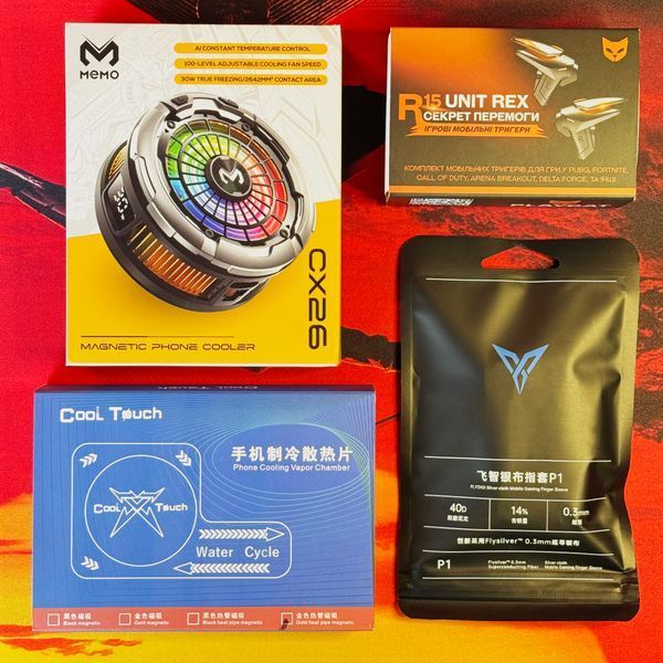 Комплект ігровий CONQUEROR (7в1): кулер MEMO CX26 + тригери R15 PLAYCAT + напальчники Flydigi P1 2 шт. + бокс + пластина Cool Touch A1 (Версія 27 мм) 11-33-94 фото