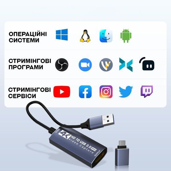 Карта відеозахоплення UHC07 (HDMI&ndash;USB-A/USB-C 3.0) Full HD 60 кадрів/с для стримінгу та геймінгу 27866 фото