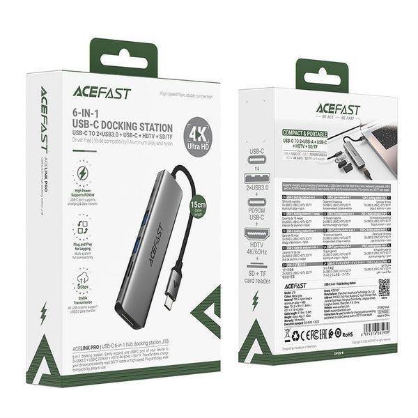 Type-C хаб ACEFAST 6-in-1 J18 (2хUSB + Type-C + HDMI + SD + TF) (15 см) 19453 фото