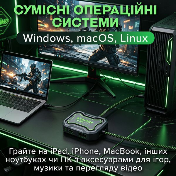 Ігровий USB-C хаб SARAFOX XD5 5-в-1 (RJ45 1000 Мбіт/с + аудіо 3,5 мм + Type-C PD 100Вт) 27867 фото